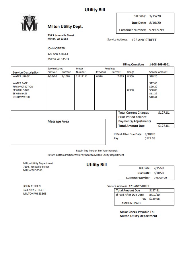 USA Massachusetts Milton Utility Dept water utility bill template in Word and PDF format